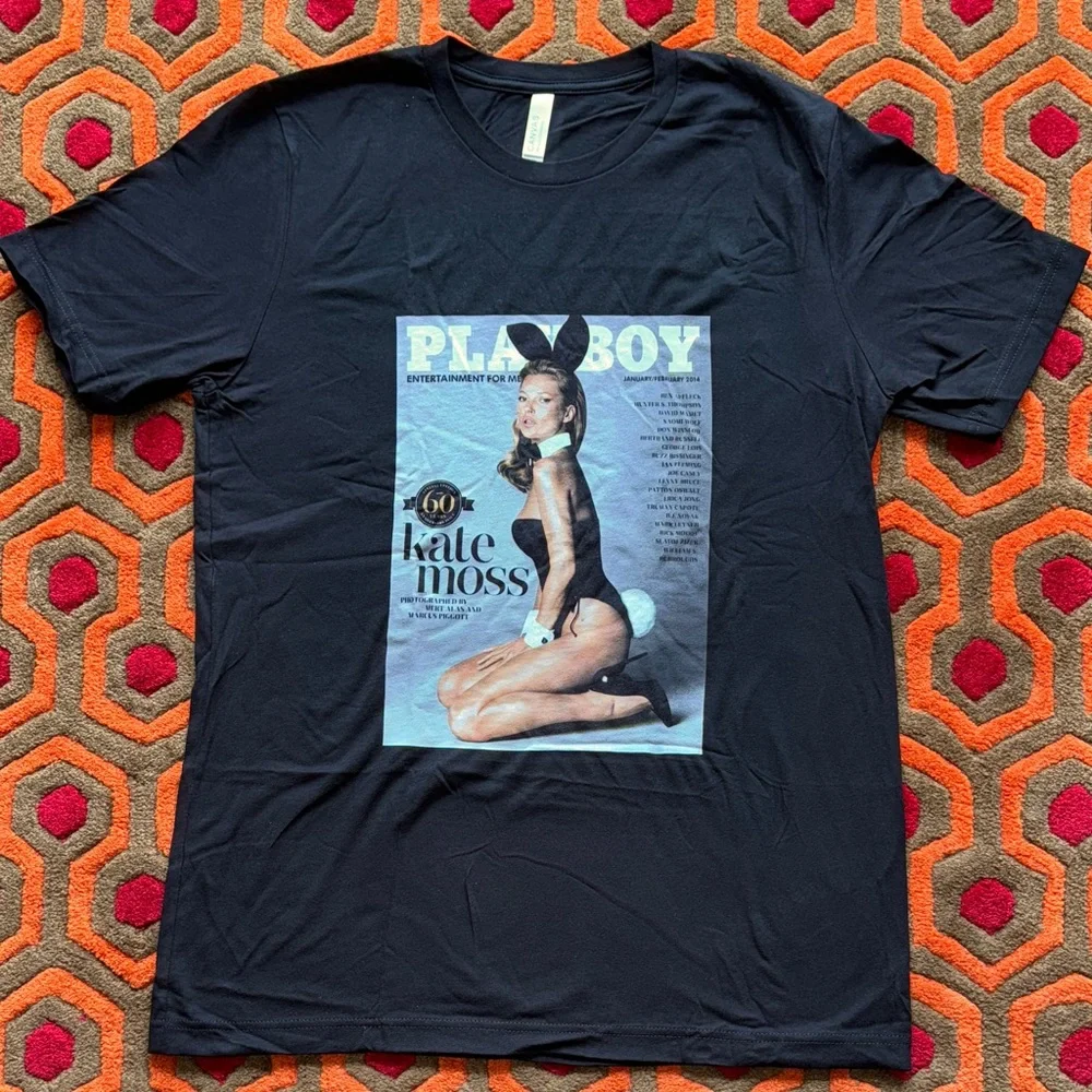 MAKE OFER Men's PLAYBOY Black Graphic Tee with Iconic Cover t-shirt Kate Moss LG - Picture 1 of 7